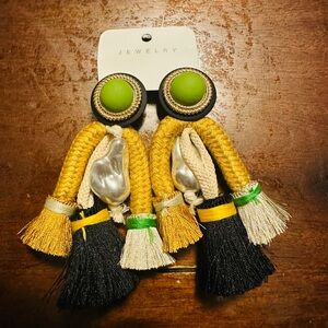 Velvet Bohemian Green and Gold Tassel Earrings